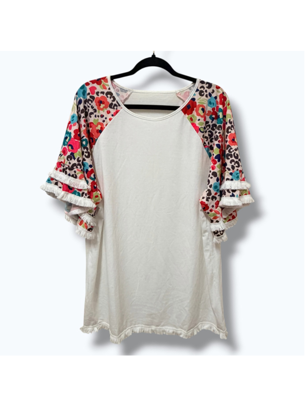 Women’s Boutique Floral Leopard Print Fringe Boho Tunic Top Plus 2XL
